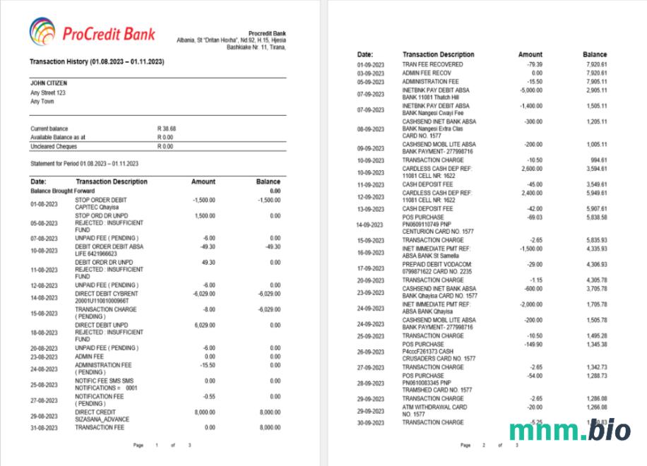 Albania ProCreditBank wyciąg bankowy Word i PDF szablon, 3 strony 2